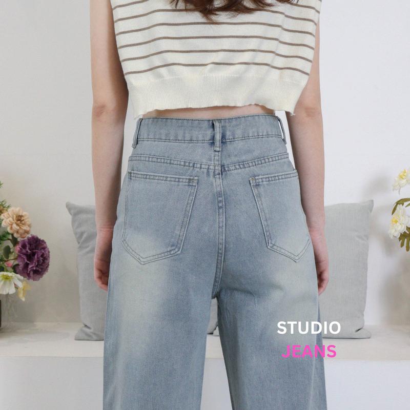 X308 STUDIOJEANS Celana Panjang Wanita High Waist Straight Cut Jeans Demin Cewek Baggy Light Blue Washed Jeans Kekinian 8