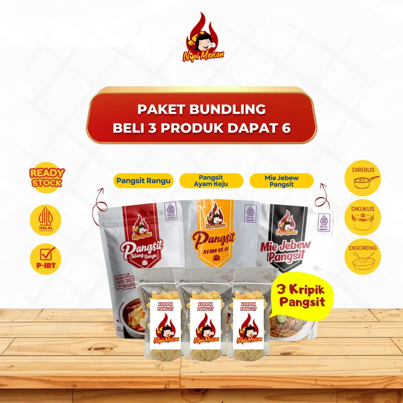 Paket Beli 3 Dapat 6 (Pangsit Rangu, Pangsit Keju, Mie Jebew + 3 Free Kripik Pangsit) Nyai Mercon Makanan Instan 0