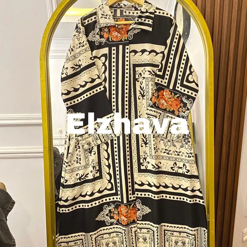 Elzhava Long Outer-Full Kancing Tunik-Tunik-Long Tunik Casual-Rayon Formal Viscose-Panjang Bunga Nyaman-Muslim-Melar- Motif Dress Atasan 5