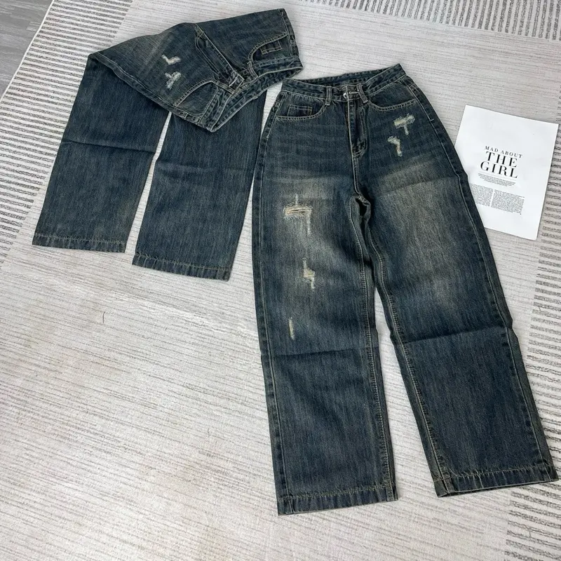 [LN101] Quần Jeans Ống Suông Phối Rách Nhẹ Nhàng Form Lỡ 95cm Màu Rêu Bụi Chất Vải QCCC Mềm, Mịn 3