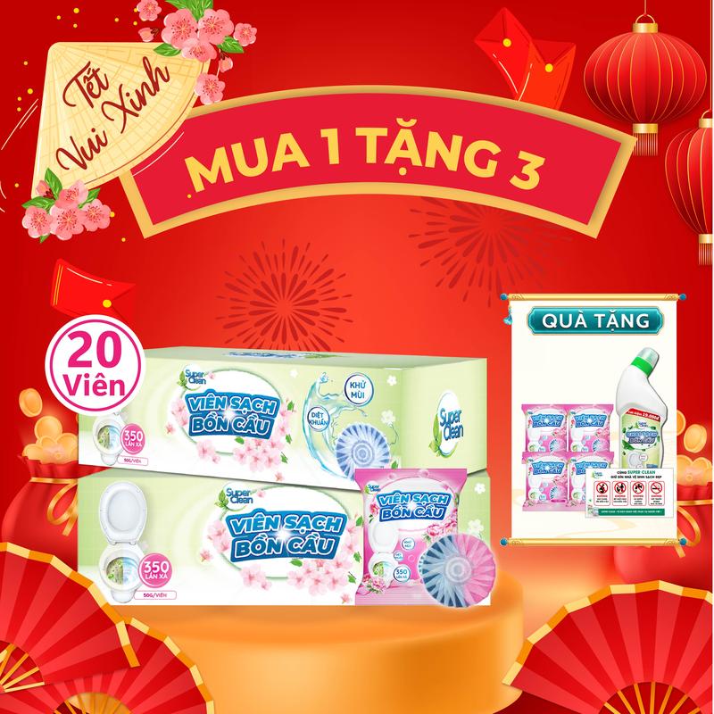 MUA 1 TẶNG 3 Mua Combo 20 viên sạch bồn cầu Hoa Hồng Super Clean Tặng thêm 4 viên + 1 Chai sạch bồn cầu + 1 Decal - Khử mùi hôi diệt khuẩn duy trì sáng bóng của gốm sứ Làm Sạch bom tẩy bồn cầu viên thông viên sủi bồn cầu quà giáng sinh Noel