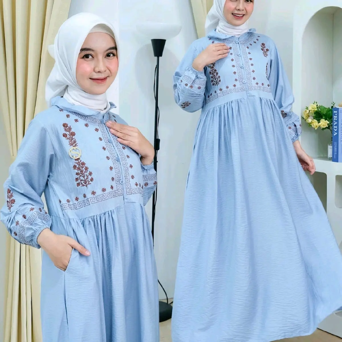 Gamis Lebaran 2025  Aplikasi Bordir  Busui Bahan Polo Linen Dress Wanita  Muslim Kekinian Simple Dan Mewah Model Midi Dress