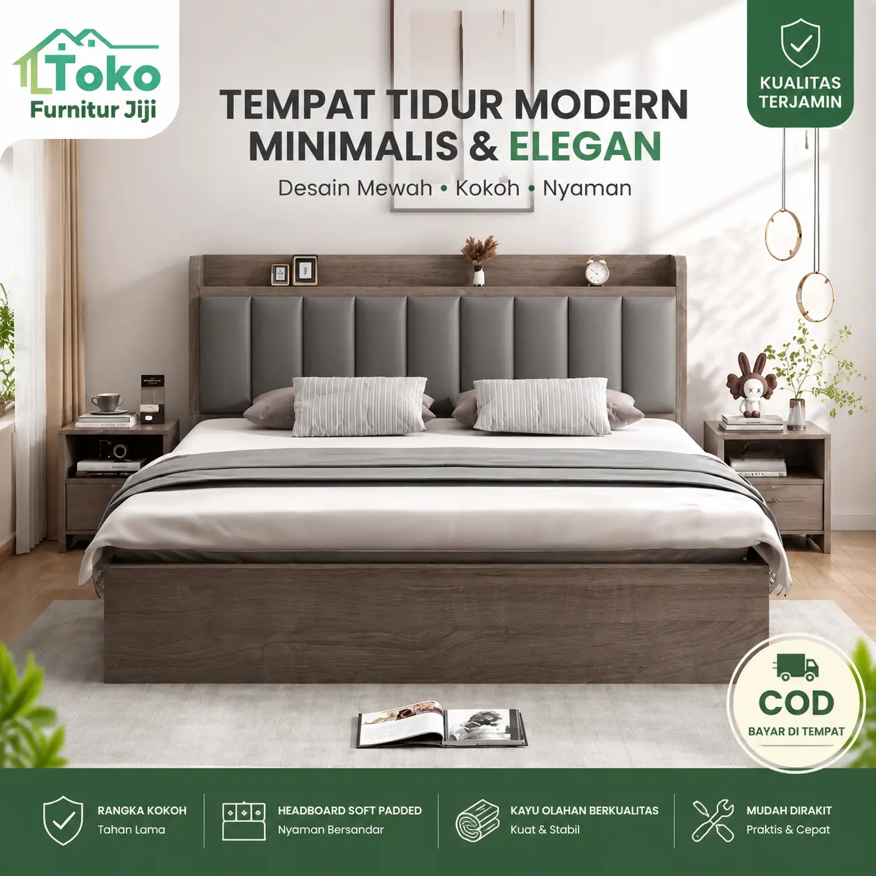 JIJI_1 Ranjang ganda bantal lembut kayu solid gaya modern sederhana, rangka kamar tidur rumah, kokoh, sesuai ergonomika, nyaman melindungi tulang belakang cocok berbagai gaya mudah dipasang Abu-abu_180_200_30CM Ganti Rugi jika Rusak 【Terbaru  Harga Murah】