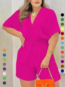 Mono liso con cuello en pico y cintura fruncida con cordón para mujer, mono informal de manga corta con cremallera en la parte posterior y cintura alta para verano, ropa de mujer para el día a día