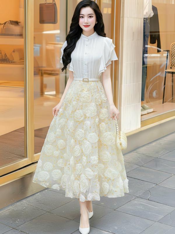 MIỄN SHIP MDU5577 Váy Voan Phối Ren Cao Cấp – Dáng Xòe Ôm Eo Kết Hợp Hoa 3D Thanh Lịch Dành Cho Nữ