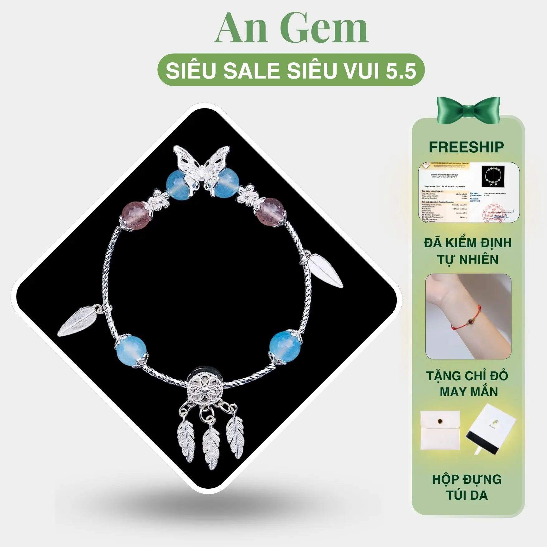 Vòng tay nữ Dreamcatcher mix đá tự nhiên An Gem, lắc tay nữ đính đá charm phụ kiện tinh tế Bracelet quà tặng sinh nhật giáng sinh Noel Tết Valentine [TẶNG VÒNG CHỈ ĐỎ]