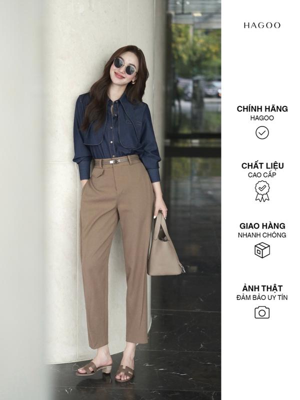 HAGOO Áo sơ mi nữ bò lụa thiết kế cổ nhọn thanh lịch kiểu nữ công sở Voi Shirt Top [A509]