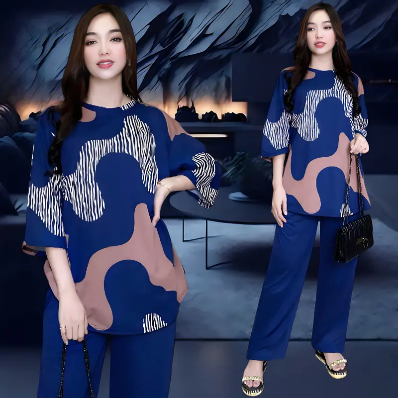 TELSA SETELAN WANITA LD 120 & LD 130 CELANA LURUS DAN ATASAN OVAL BELAHAN KIRI DAN KANAN OVERSIZE WANITA celana lurus karet kantor kaos santai Motif 3
