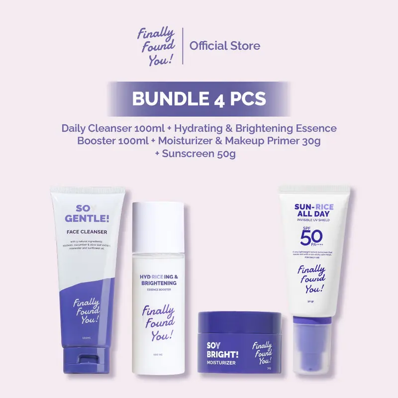 [LIVE RAMADHAN] Finally Found You! BUNDLE BASIC SKINCARE: Soy Gentle Face Cleanser + HYDRICEING & BRIGHTENING Essence Booster + Soy Bright Moisturizer & SUN-RICE ALL DAY Invisible UV Shield 2