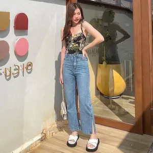 Kulot Jeans Hight Waist Premium / Kulot Jeans Belah Samping / Kulot Jeans HW Wanita Celana Panjang Loose