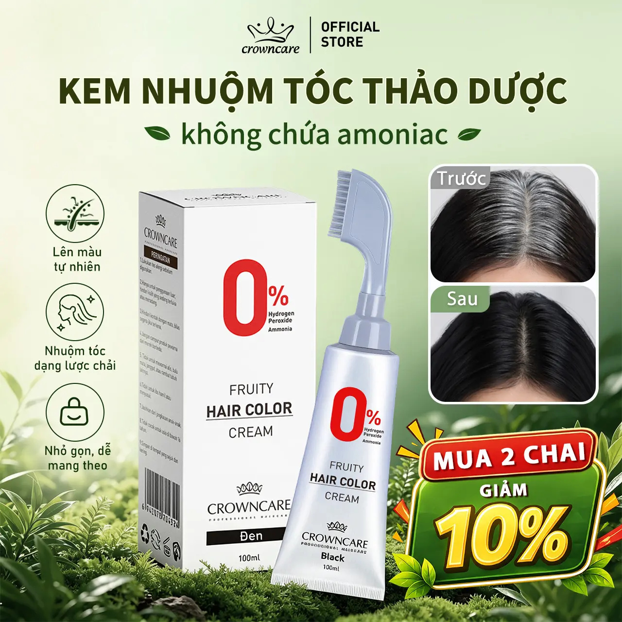 Kem Nhuộm Tóc Phủ Bạc Dạng Lược CrownCare Tuýp 100ml Chiết Xuất Từ Trái Cây Không Amoniac Thuần Chay Thảo Dược Lành Tính