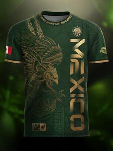 Camiseta de fútbol México Gold Eagle con herencia azteca, diseño entallado de largo completo, patrón deportivo étnico para todas las estaciones, estilo único de estampado animal