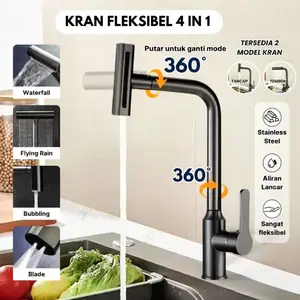 Kran Sink Tembok Air Terjun 4 Mode | Kran Dinding Dapur Stainless Steel Anti Karat Hitam/Plastik | Model Minimalis, Kuat, Awet & Garansi