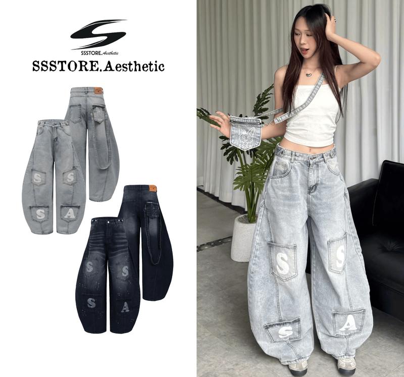 SẢN PHẨM MỚI QUẦN JEANS PHỐI TÚI ĐEO CHÉO THÁO RỜI PREMIUM SSSA FORM RỘNG NAM NỮ- ĐAI SIẾT EO | SSSTORE.AESTHETIC
