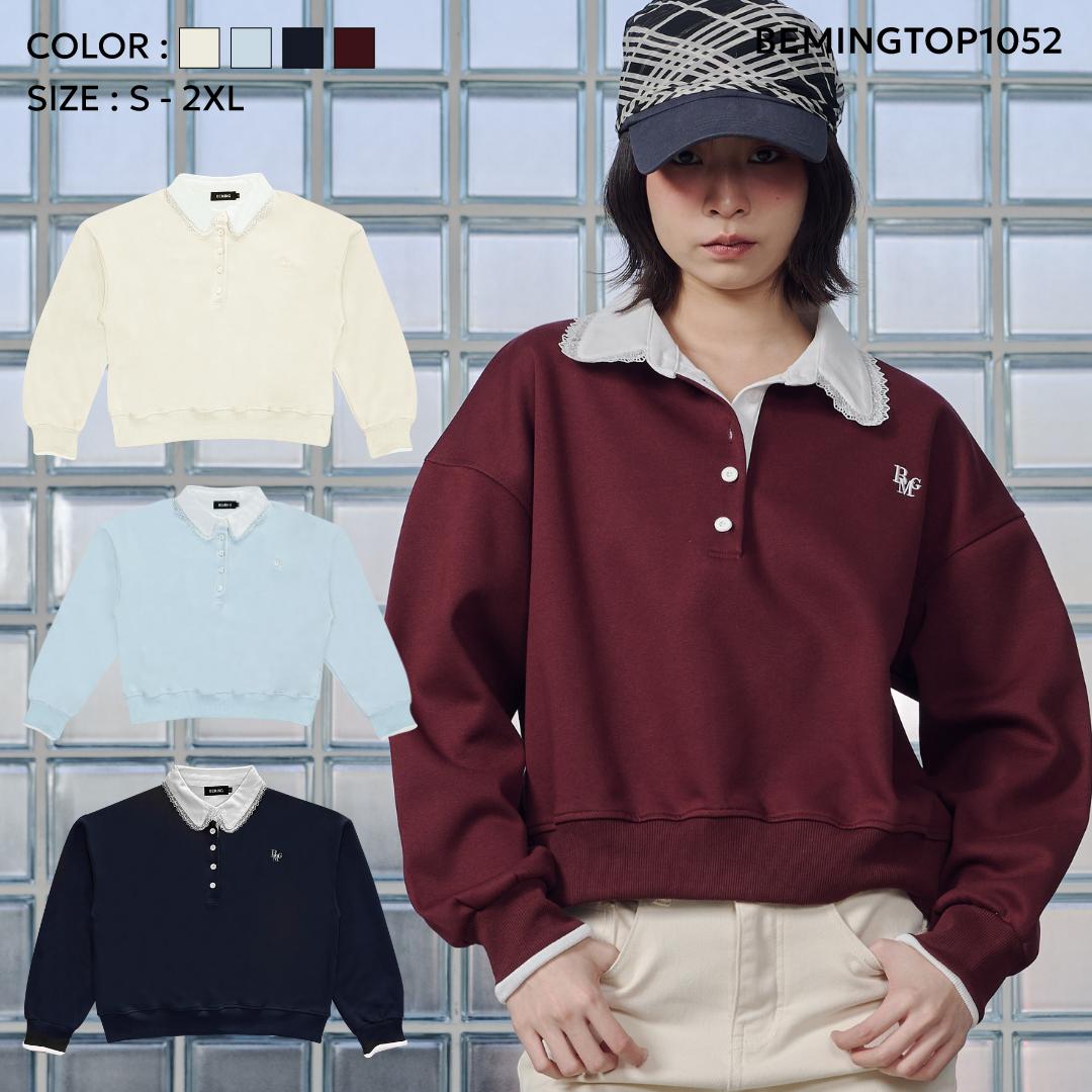 Bemingtop1052(S-2XL)-BMG Lace Collar Sweater — เสื้อสเวตเตอร์โอเวอร์ไซส์ คอบัวขอบลูกไม้โลโก้ปัก BMG