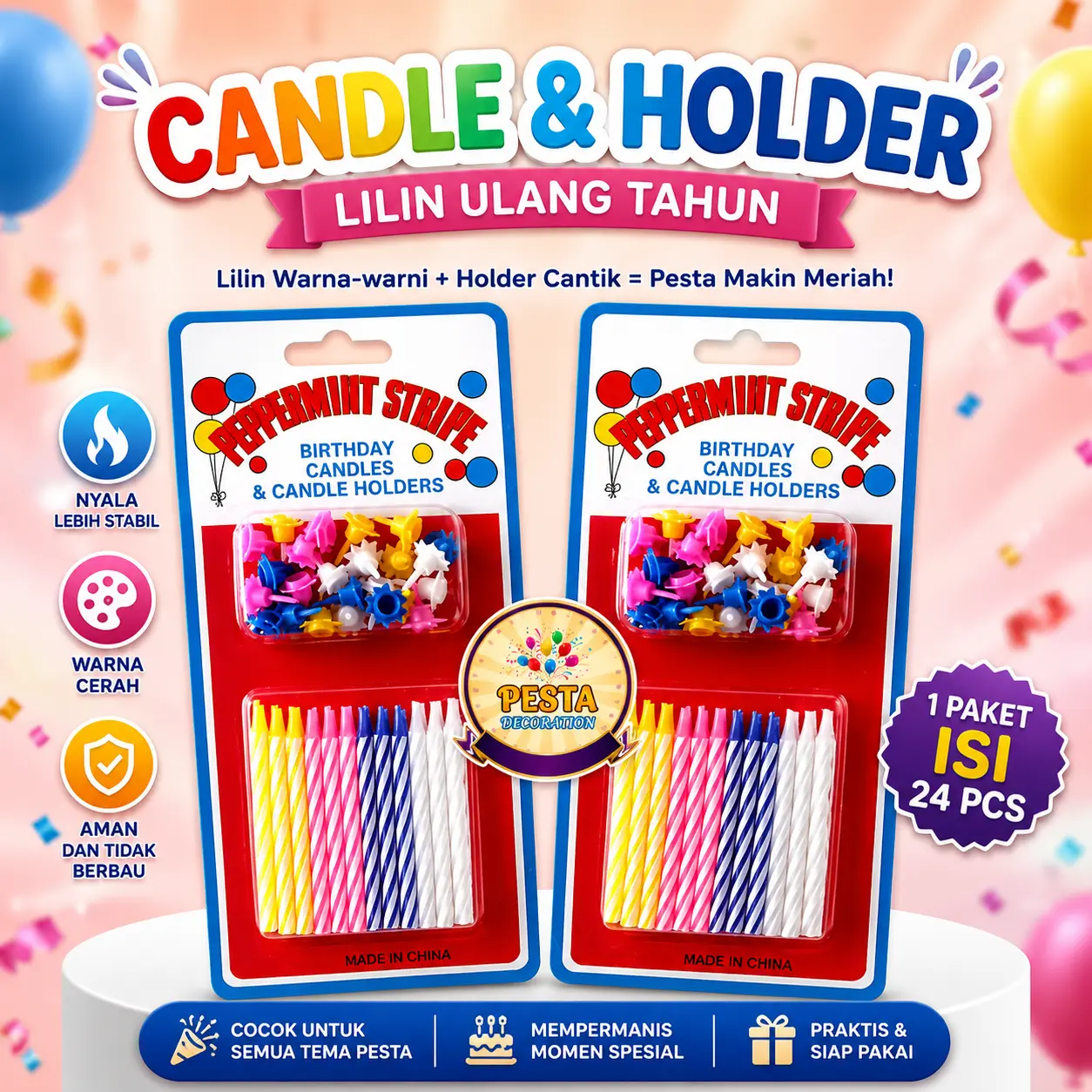 Pesta Decoration Lilin Ulang Tahun Peppermint Per Pack Isi 24 Pcs dengan Holder Warna-warni untuk Dekorasi Pesta
