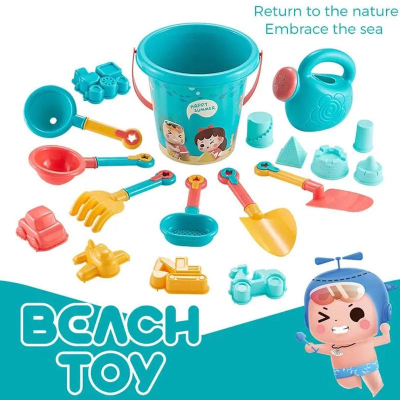 Product Introduction of 18Pcs/Set Travel Beach Toys Kids Beach Toys Set With Sand Rake Watering Can Bucket Shovels Rakes Models Play Tools 15