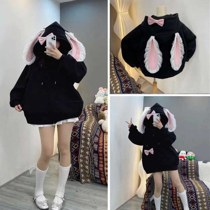 Áo Khoác Nỉ Hoodei Zip Form Boxy TAI THỎ HỒNG REN SIÊU CUTE, TẶNG KÈM 2 NƠ CÀI HA.BO STORE18