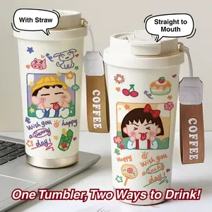Tumbler Shinchan x Chibi Maruko Chan Comic cute Kapasitas 500ml stainless steel SUS 304 Anti Bocor & Desain tali jinjing premium untuk minuman panas atau dingin dilengkapi sedotan tersembunyi serta tutup