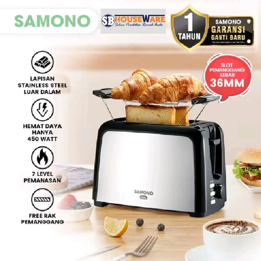 SAMONO Toaster Pemanggang Roti 450 Watt 7 Level Pemanas Dengan Rak Berbahan Stainless Steel Slot Lebar 36mm Garansi Resmi 1 Tahun SW-TS450