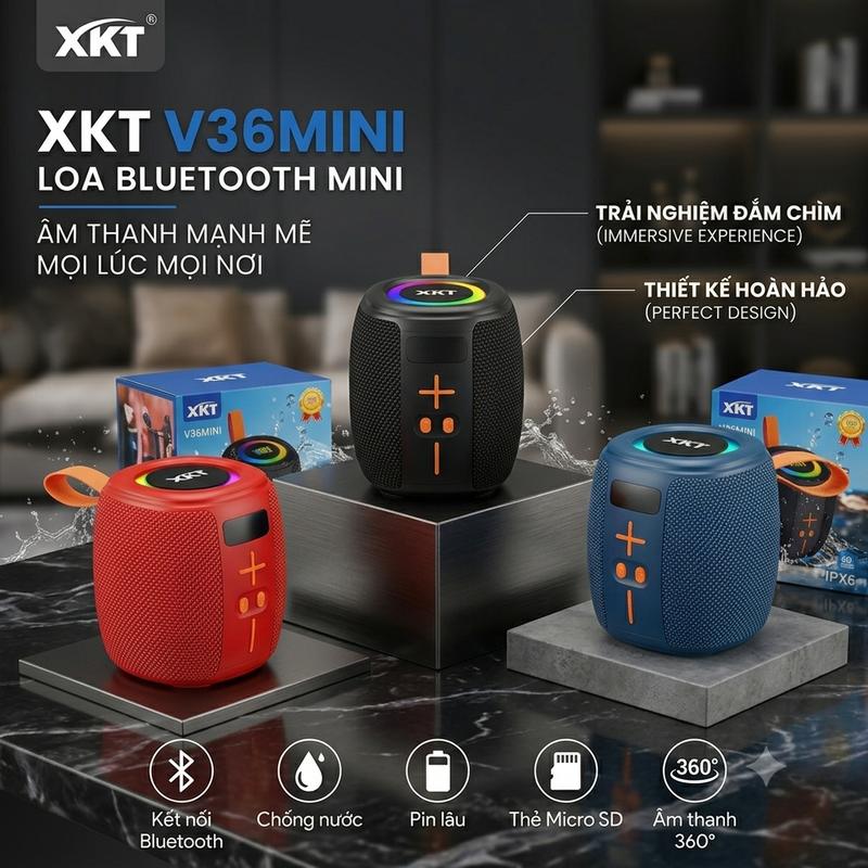 XKT V36 - Loa Bluetooth Mini 4 Chế Độ Led Chống Nước IPX4, 8W Pin 1200mAh, Bảo Hành 24 Tháng