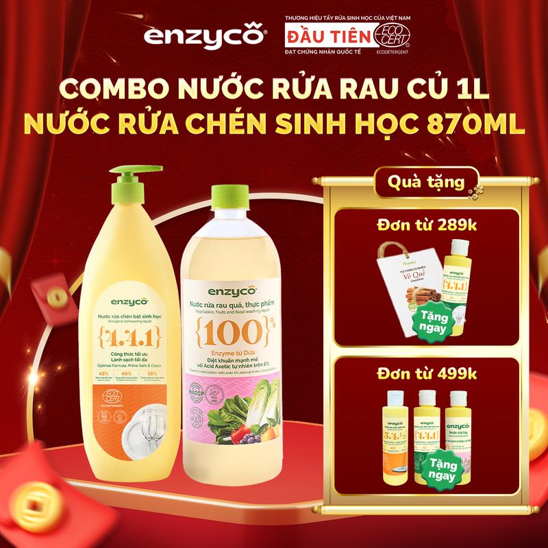  Combo Nước ngâm rửa rau củ quả thực phẩm sinh học ENZYCO 1L và Nước rửa chén bát sinh học ENZYCO 870ml - Cùng Enzyco Dọn Nhà An Toàn - Đón Tết An Lành 
