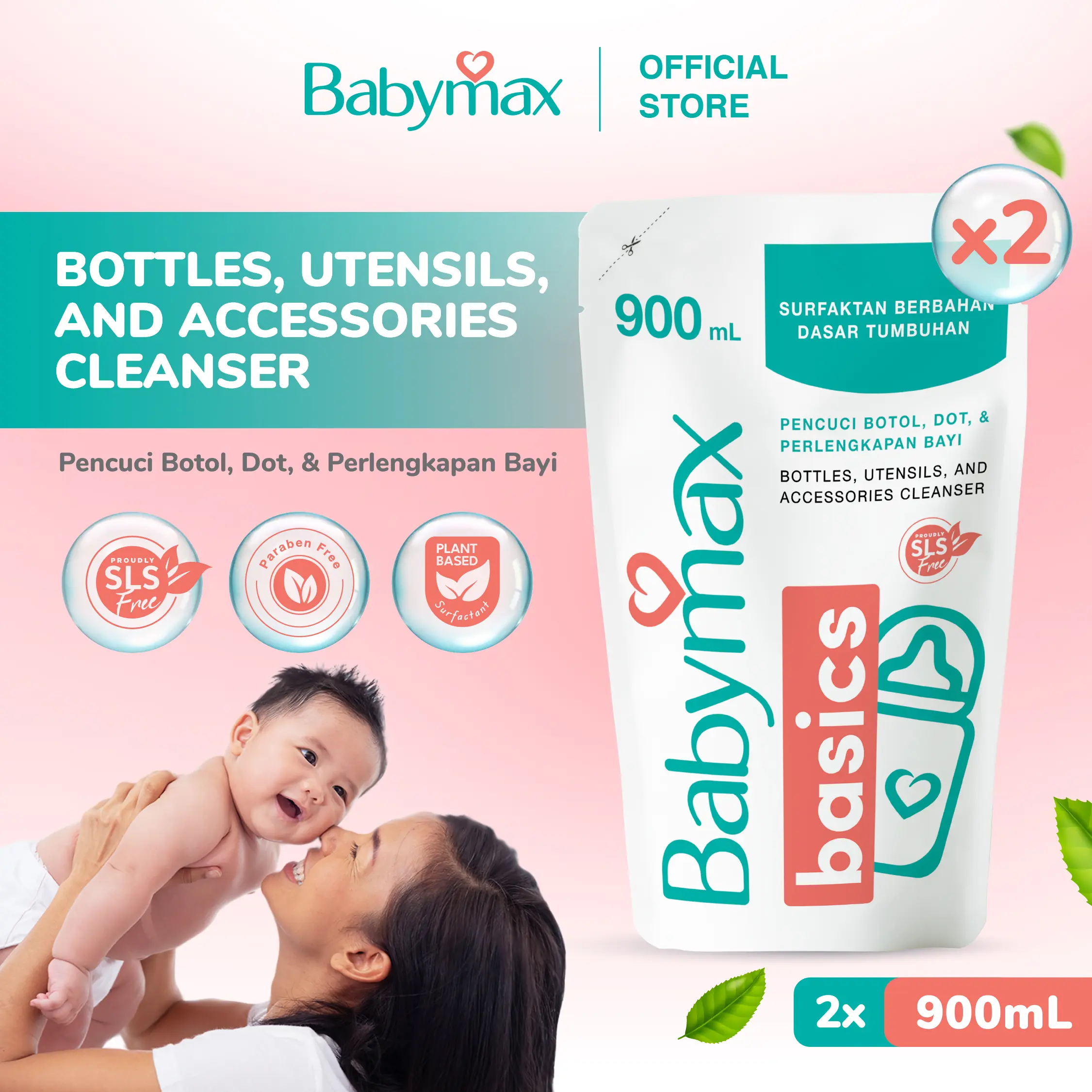 Babymax Basics Bottle, & Utensils, Cleansers 900 mL (isi 2 pcs) - Sabun Cuci Botol Bayi - SLS Free - Natural