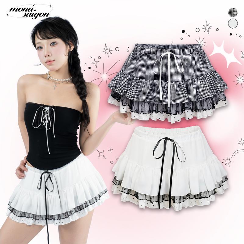 Chân váy nữ ngắn xoè nhiều tầng hoạ tiết chấm bi caro nhí phối ren lưới MONÁ - DOTTY SKIRT