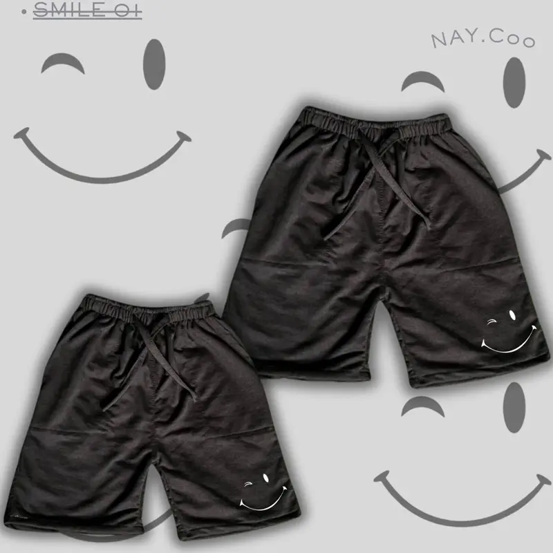 NAY.Co - Celana Pendek Anak Unisex BabyTerry Premium Laki-Laki Perempuan Usia 2-13 Tahun Fashion Cargo Kids Orange dengan Tali Hiasan Karet Elastis dan Desain Smiley Sport Smile 1 4