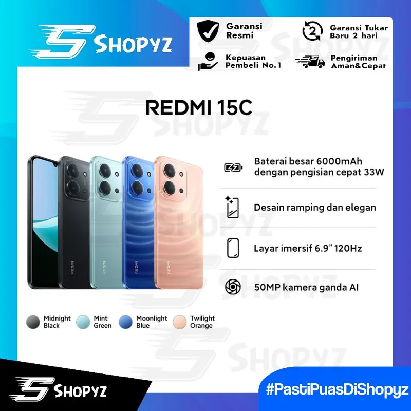 Xiaomi Redmi 15C 6/128GB - 8/256GB | 6000mAh Baterai Besar 33W Fast Charging | 50MP Dual AI Camera | Garansi Resmi