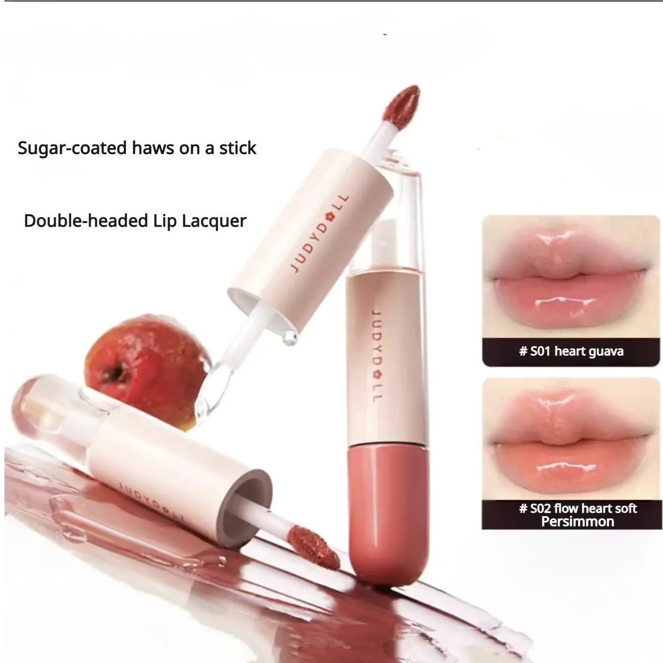 Judydoll Sugar-Coated Haws on a Stick Double-Headed Lip Lacquer Lip Gloss, Moisturizing Matte Mirror Lip Gloss Lipstick Makeup Cosmetic Glossy