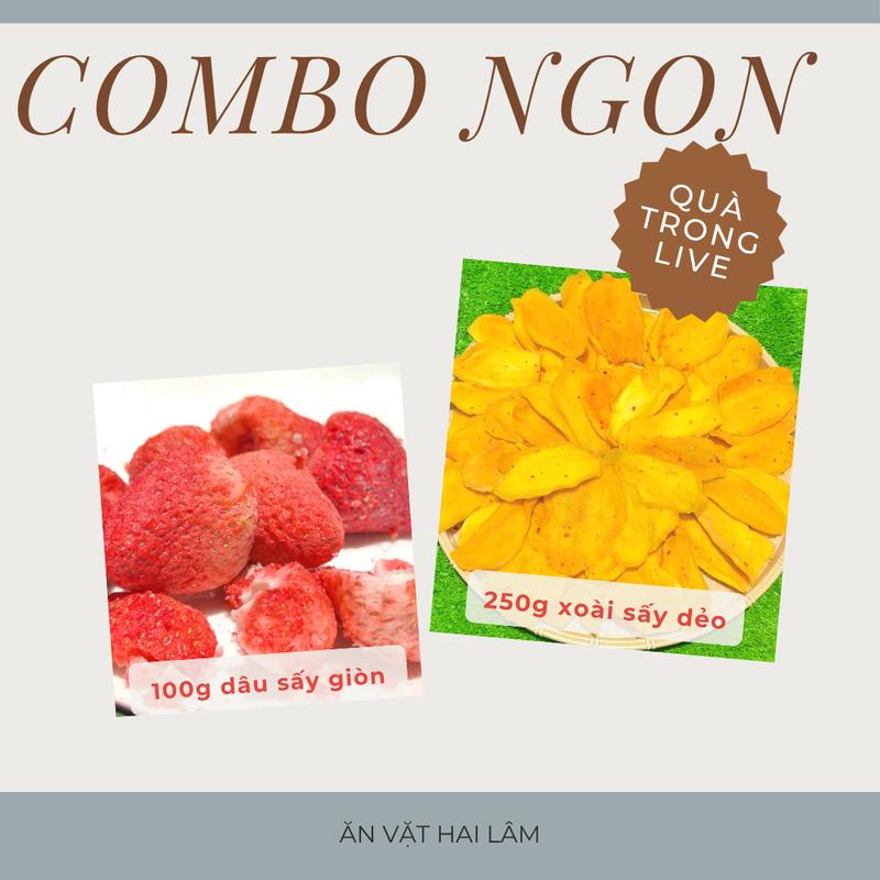 LIVE Combo XOÀI DÂU gồm 100g Dâu Tây Sấy Khô Giòn Nguyên Trái to và 250g Xoài Sấy Dẻo Muối Ớt Chua 7 Ngọt 3 Ăn Vặt Ngon Trái Cây sấy
