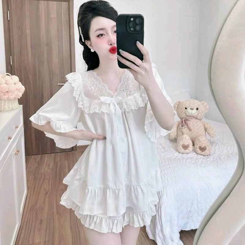 Đồ Ngủ Tiểu Thư Cổ Viền Ren Nơ Xinh Xắn - Mẫu Babydoll tay ngắn quần đùi Bigsize - Lụa Latin phối Ren mềm mát pijama mặc nhà xinh set ngu