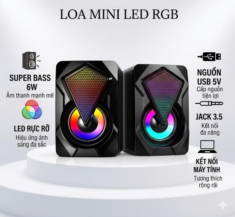 Loa Máy Tính Mini LED RGB E1046/1053 Super Bass 6W Âm Thanh HD Chất Lượng Cao Kết Nối USB 5V & Jack 3.5 Dùng Cho Máy tính Tích Hợp Trong Laptop PC AIO