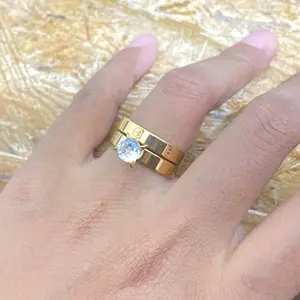 Cincin titanium wanita cantik dua layer model polos diamond 1set=2set Rings