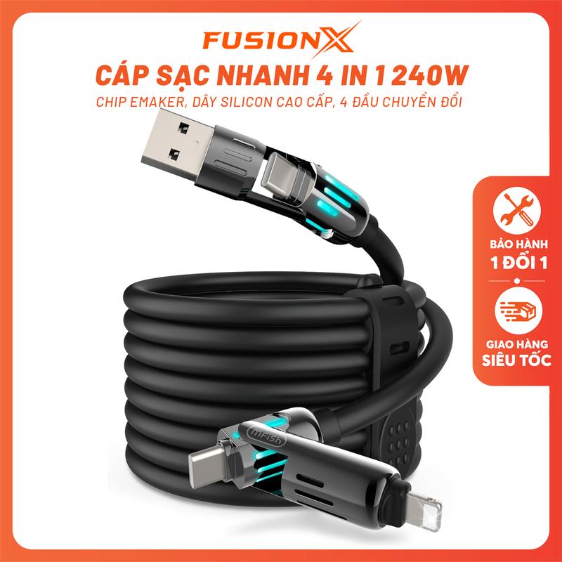 Cáp Sạc Nhanh 4 in 1 240W - Sạc Nhanh 4 Đầu Cáp C-C, C-L, USB, Tích Hợp Chip E-maker Chiều Dài Tối Đa 2m | FUSIONX