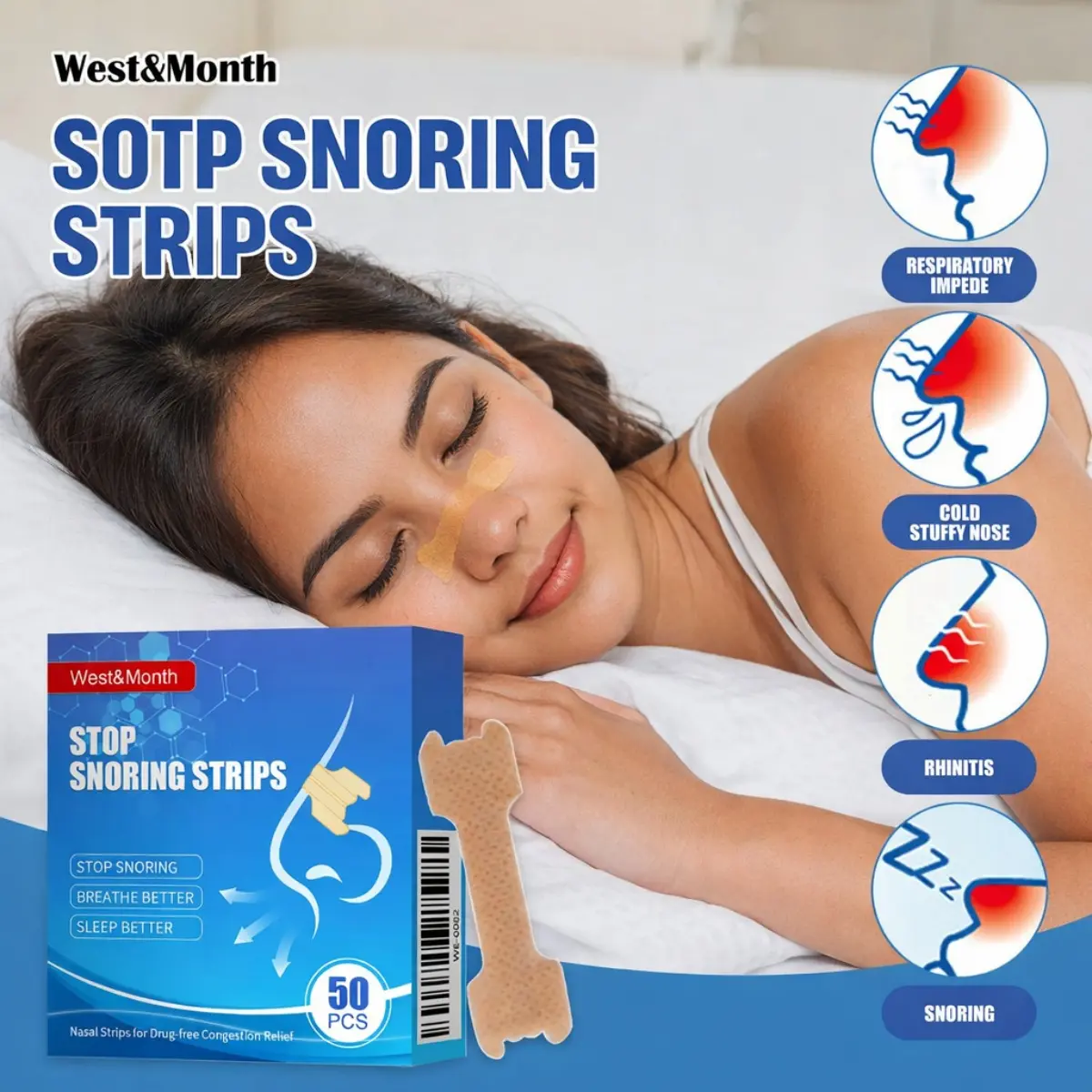 50PCS Nasal Strips Anti-Snoring Nasal Strips Penghilang Dengkuran & Hidung Tersumbat Solusi Tidur Nyenyak Tanpa Obat Mengurangi Dengkuran & Membantu Hidung Tersumbat Tidur Lebih Nyenyak nose tape