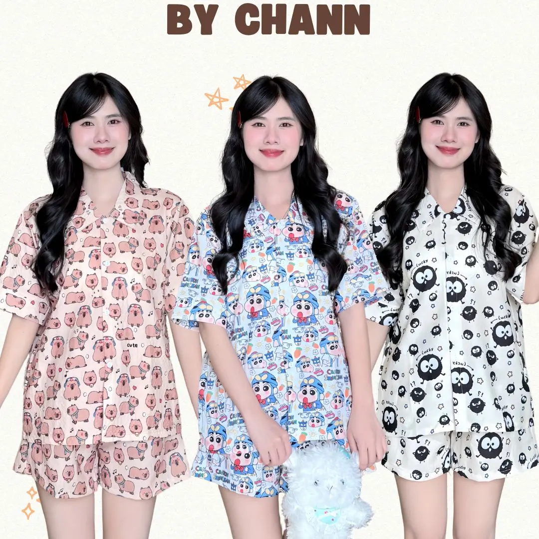 Bộ Đồ Ngủ Cute BY CHANN nhiều hình dễ thương mặc nhà mùa hè, chất liệu đũi xốp (có size đến 80kg)