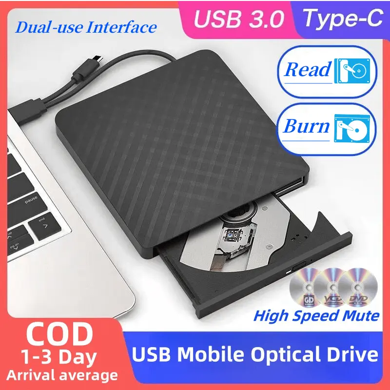 Portable External DVD/CD RW DriveBurner Writer Mobile Disc (USB 3.0 and TypeC + TypeA)Dual Interface Optical Disc Reader