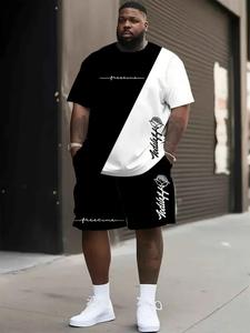 Conjunto casual de verano para hombre de talla grande, camiseta de manga corta con bloques de color y estampado de letras 3D y rosas, y shorts con cordón, corte holgado, estilo moderno