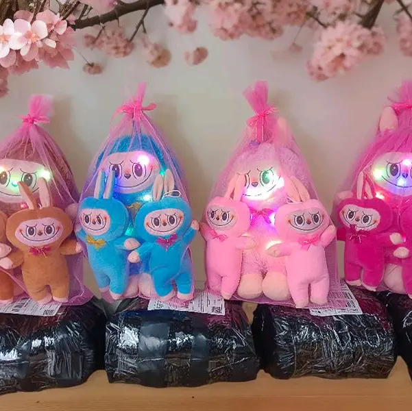 Boneka Labubu 35 cm LED Beranak dengan Gratis Jaring Pita Induk 1 Anak 2 Mainan Dolls Toys