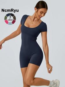 Mameluco deportivo acanalado sin espalda con corte sólido, mameluco ajustado de manga corta con cuello redondo deportivo para el verano, ropa deportiva para mujer para yoga, gimnasio, fitness