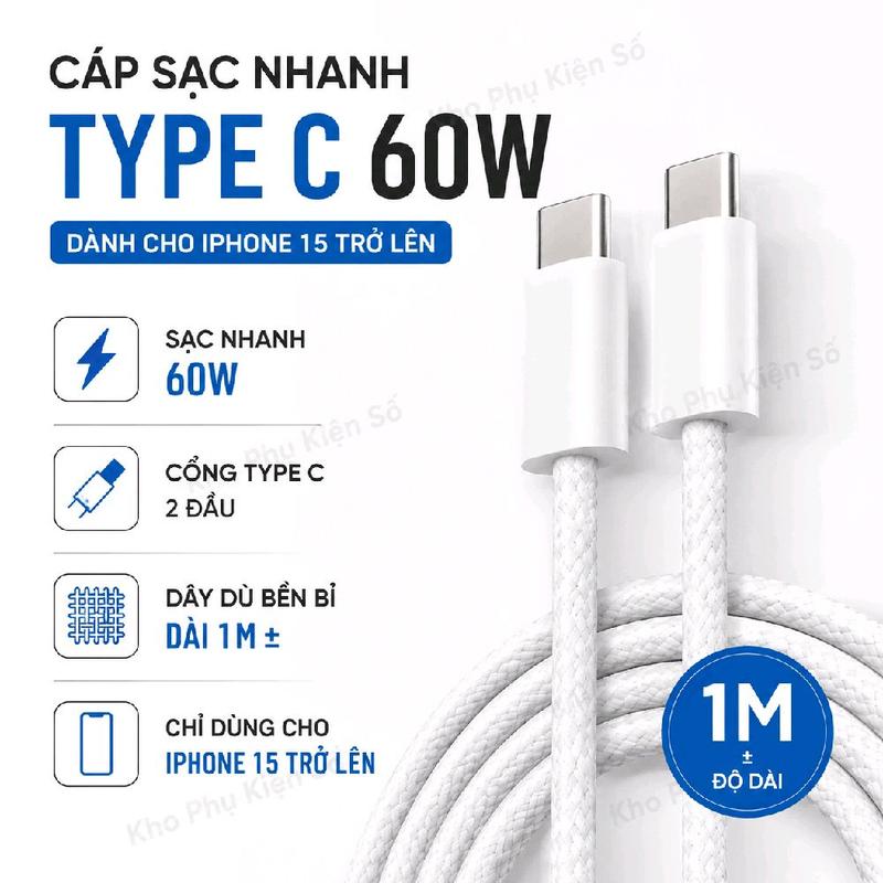 Cáp Sạc Nhanh Type C 60W Dành Cho IP/iPad Sạc Nhanh 60W Cổng Type C 2 Đầu Dây Dù Bền Bỉ Dài 1M