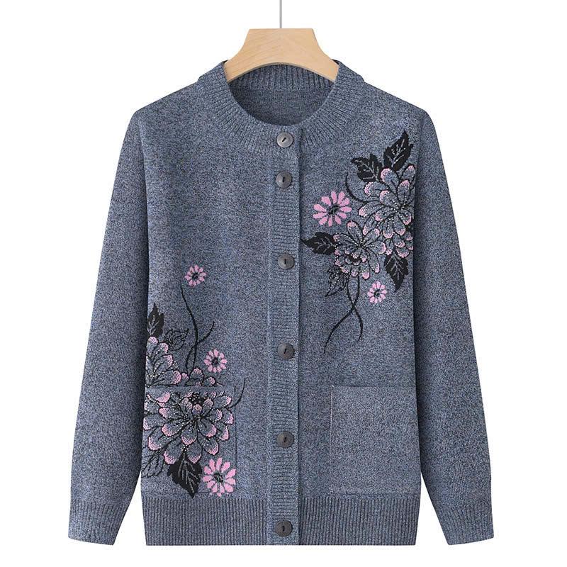  Áo khoác len mỏng cardigan thu đông cho người trung tuổi áo len dệt kim trung niên  nữ thêu hoa cao cấp Nhung Top Nhung Top Women Xám 