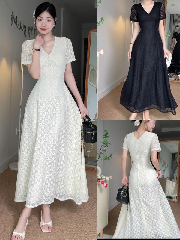 [Đ.27-R](Có Sẵn) Đầm Ren Hoa Dáng Dài Cổ V Dự Tiệc Đi Chơi (Đúp lót full váy + Ren mềm co giãn) Women Top Dress | Tũm Clothing