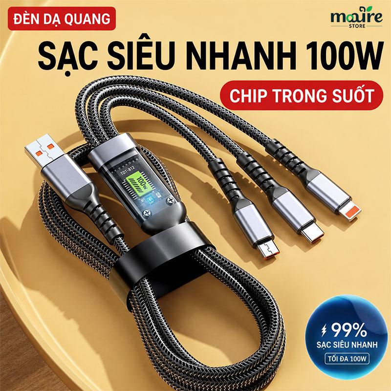 Cáp Sạc Nhanh 3 Trong 1 100W, Hỗ Trợ Lightning, Type-C & Micro USB, Vỏ Chia Dây…