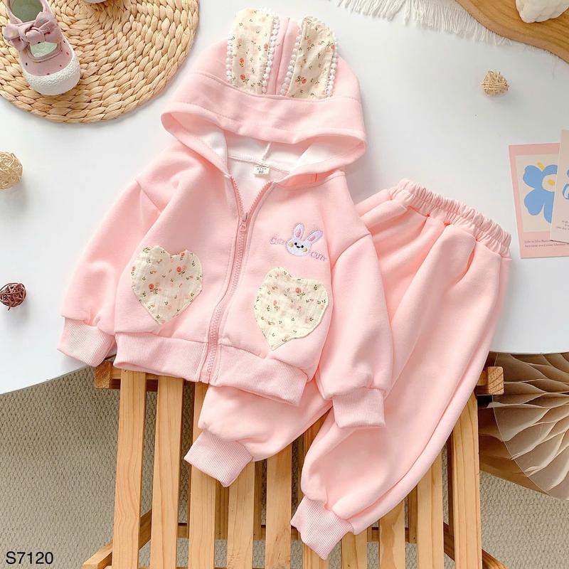  Hey Susie S7120- Set Áo Nỉ Hồng Trái Tim Quần Bo Gấu Cho Bé Gái Size 8-18kg 