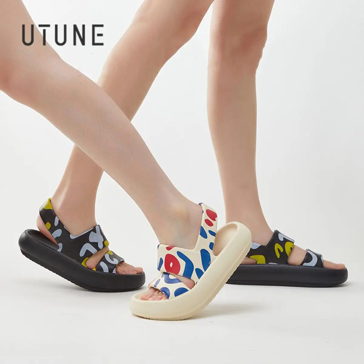 UTUNE Summer Ladies Strap Sandals for Women Outdoor Beach Shoes Indoor Cushion Thick Sole Breathable Sandals Open Toe