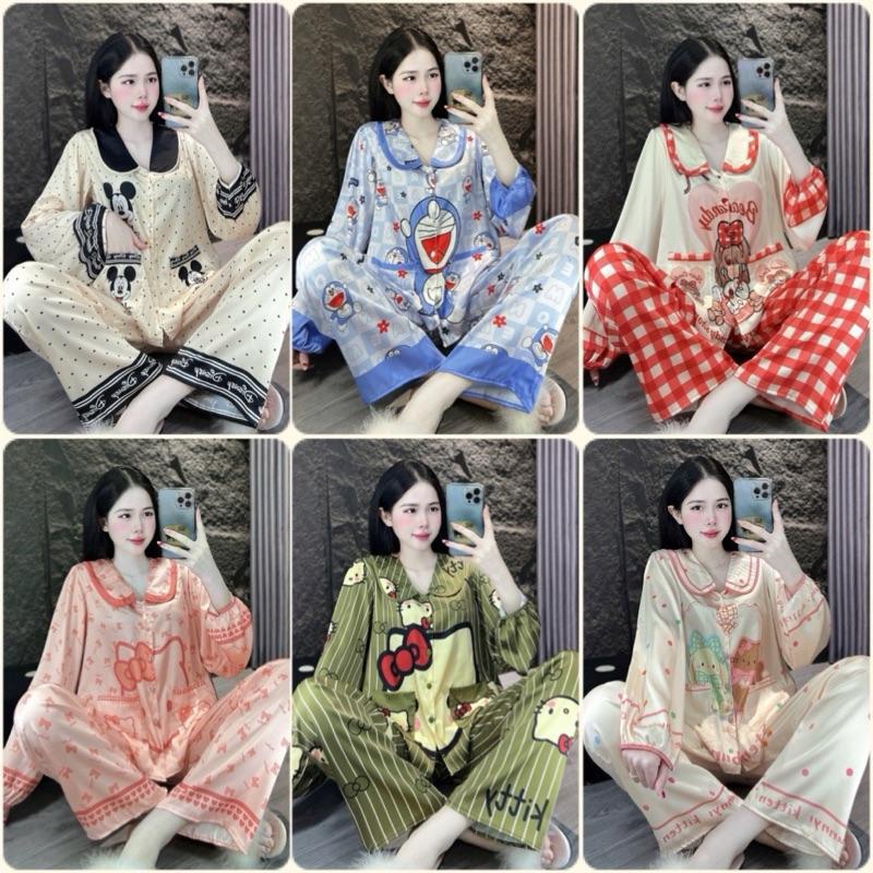 Tay dài cổ sen latin 37 Đồ bộ Pyjama nữ tay dài tiểu thư cổ sen tay phồng lụa latin in 5D cao cấp nhiều hình xinh