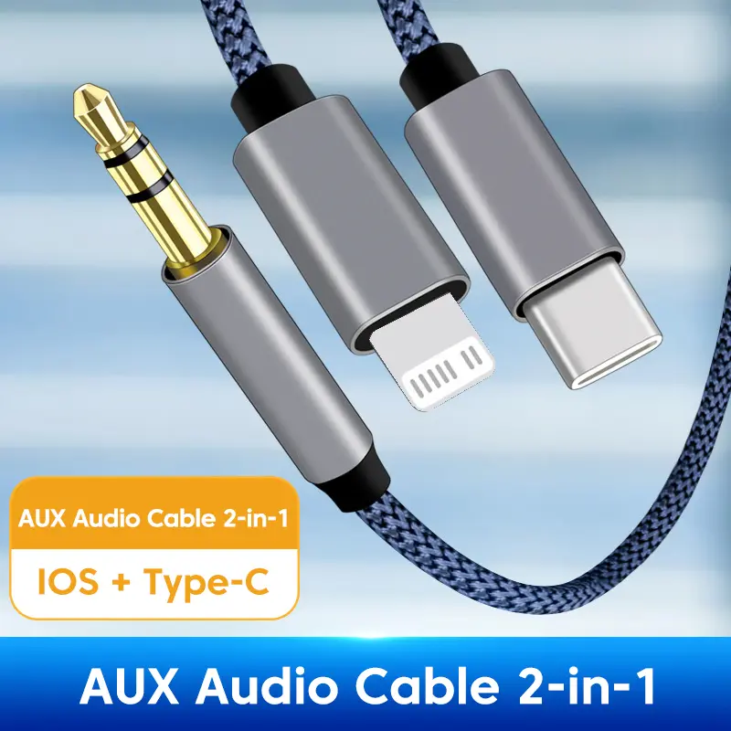 2 In 1 Aux Audio Cable Type C/Lightning To 3.5mm Aux Cable for Car Headphone Converter Jack Speaker for iPhone 13 Pro Samsung Galaxy S24 S23 Xiaomi POCO Huawei P50 P40 Oppo Vivo Accessories Usb